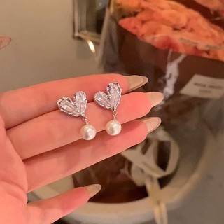 T Khuyên Tai Đính Đá Ngọc Trai Hình Trái Tim Thiết Kế Độc Đáo Cao Cấp