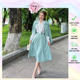 SET 3 MÓN : ÁO KHOÁC NÚT TAY DÀI CROPTOP + ÁO SƠ MI THẮT NƠ + CHÂN VÁY MIDI XANH AG.FASHION