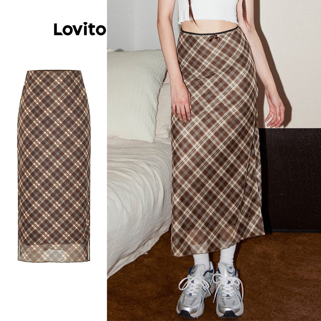 Chân váy xòe Lovito 2 lớp họa tiết kẻ sọc phong cách preppy cho nữ L58AD073 Cà phê