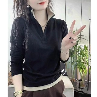 Cổ Đứng Hai Mặt Nhung Đức Đáy Áo Sơ Mi Nữ Thu Đông 2023 Phong Cách Tất Cả Trận Đấu Ấm Áp Dài @ -
