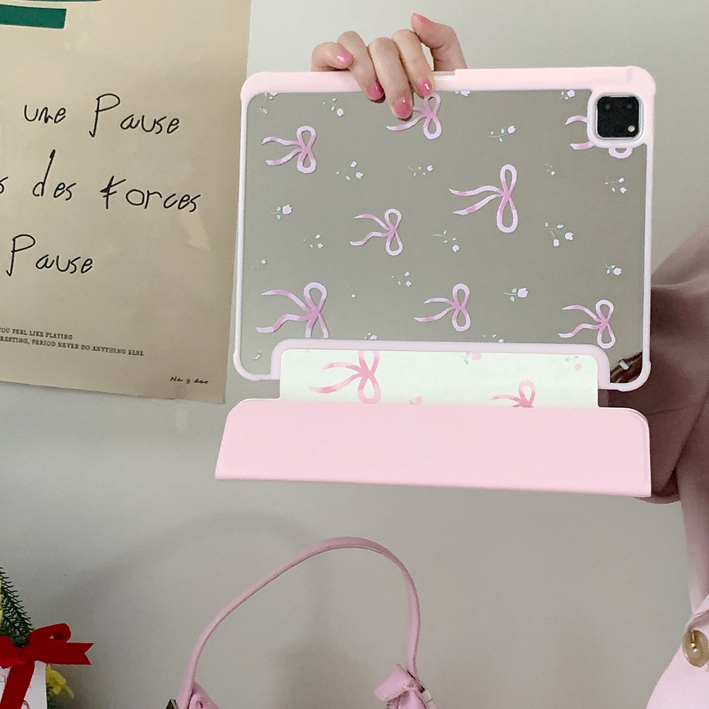 Vỏ Gương Acrylic Cứng Tương Thích Với IPad Mini6 IPad5 6 7 8 9 Air11 Air13 Air2 Air3 Air4 Air5 10.9 "Pro10.5 Pro11 Pro13 2024 Pro12.9 2018Bow And Flowers Pattern Leather Cover