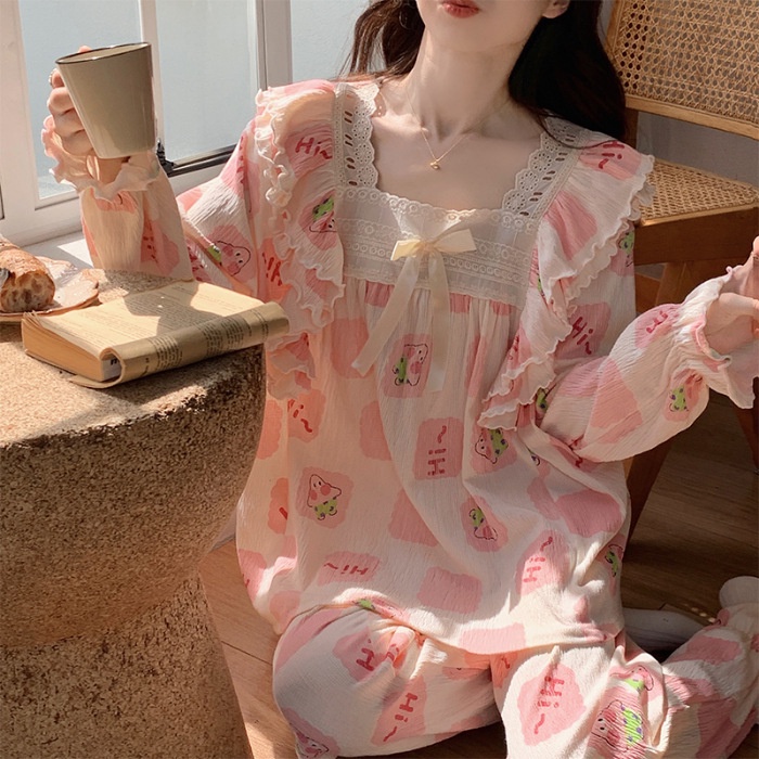 Bộ Đồ Ngủ Tay Dài Phối Ren Dễ Thương Cho Nữ