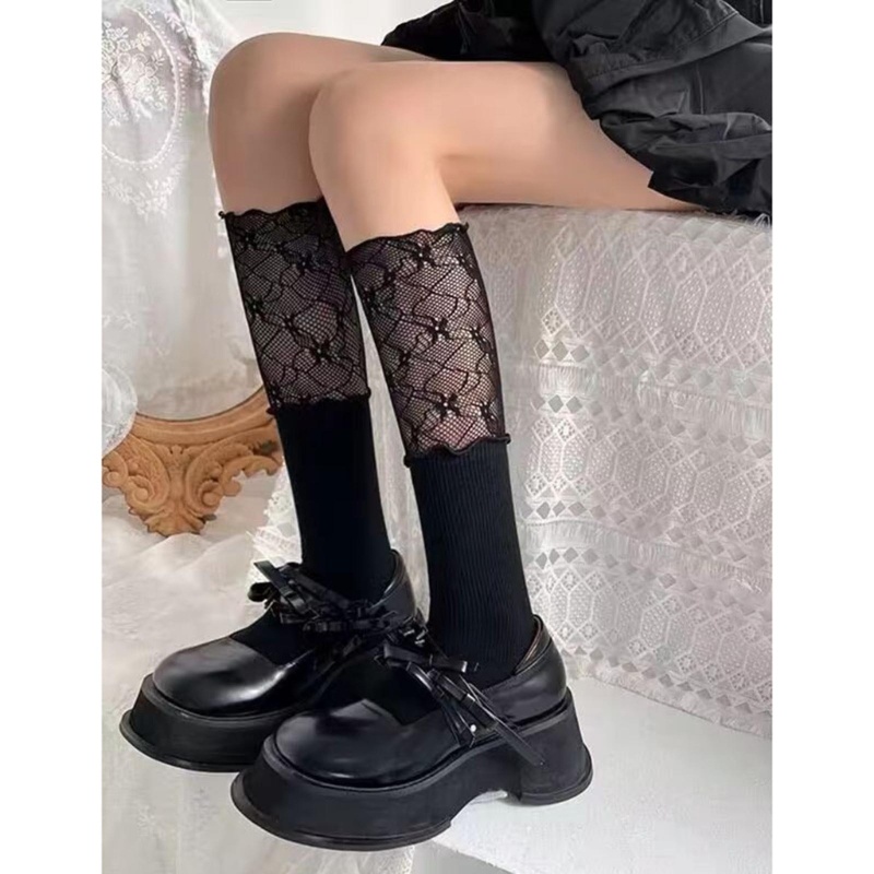 Vua Nữ Trên Bê Ruffle Frilly Boot Tất Ren Chắp Vá Gân Tất Đầu Gối