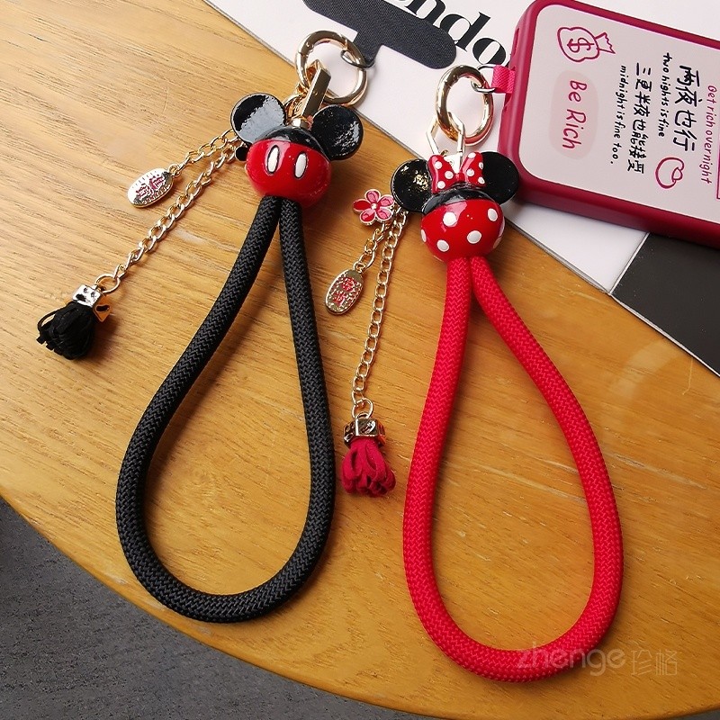 Phụ Kiện Điện Thoại Di Động Mickey Minnie Bện Dây Tay Dày Nữ Di Động Cổ Tay Dây Kẹp Vỏ Điện Thoại Sling Phong Cách Ngắn Leo Núi Dây Ngoài Trời