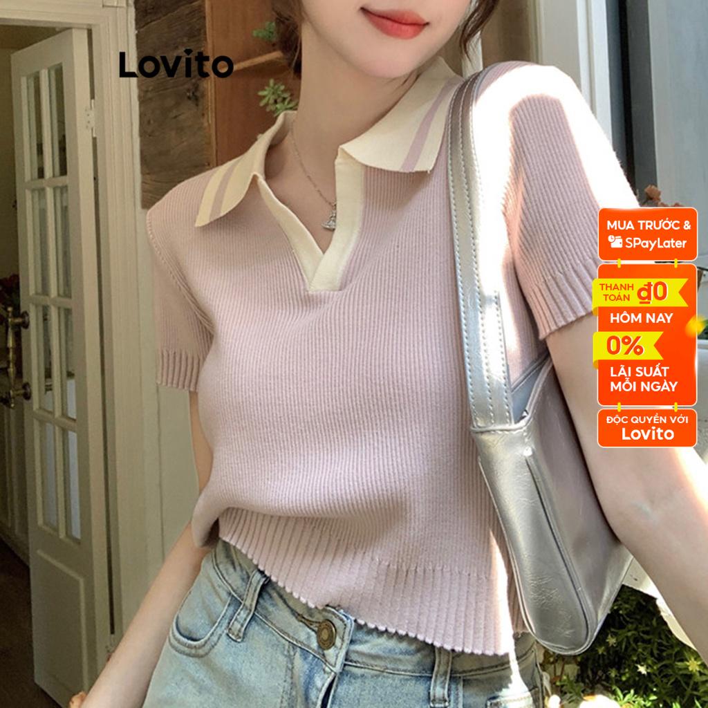 Áo dệt kim Lovito phối viền tương phản màu trơn thường ngày cho nữ LNA16221 Màu hồng/ đen spe