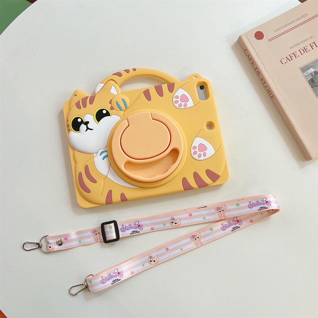 Ốp Lưng Cho iPad 11th (A16) 2025 iPad Air 11 "2025 M3 / 2024 M2 Xoay 360 Dây Đeo Đứng Hoạt Hình Keo Mềm Mèo Cover
