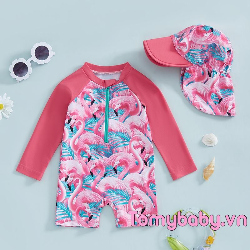 Bộ đồ bơi dài tay cho bé gái Bộ đồ tắm chống đóng cọc in hoa / Flamingo + Sunhat