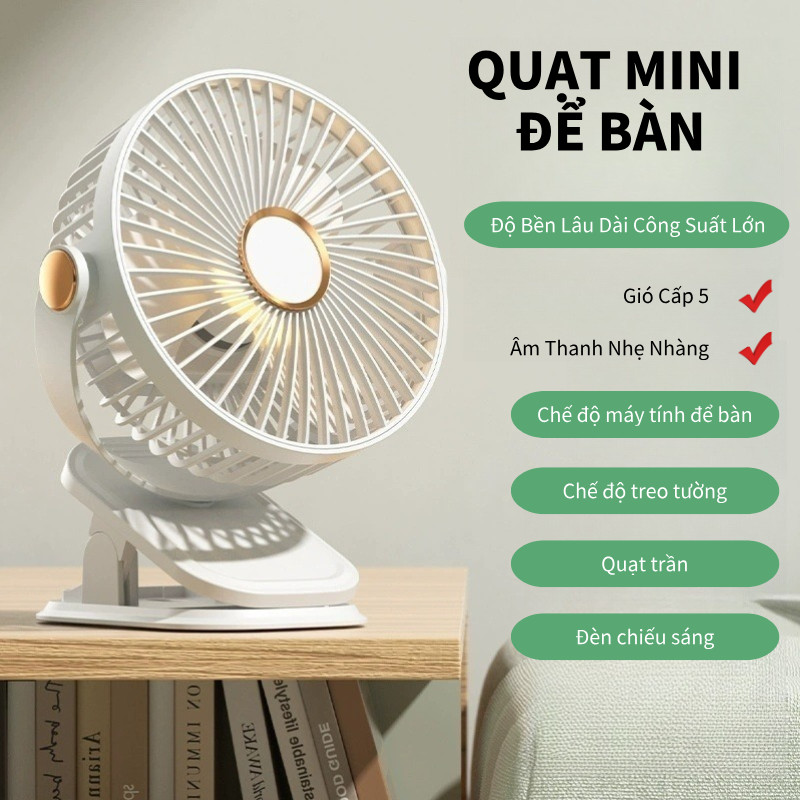 Quạt Mini Kẹp Bàn Thông Minh - Gió Mạnh, Giảm Tiếng Ồn, Sử Dụng Lâu, Đèn LED Ban Đêm, Góc Điều Chỉnh