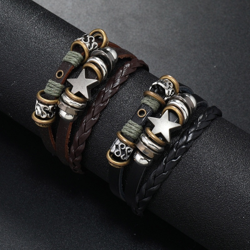 Coo Punk Vòng tay da nhiều lớp ngôi sao đính hạt, dây đeo tay thời trang dệt, có thể điều chỉnh