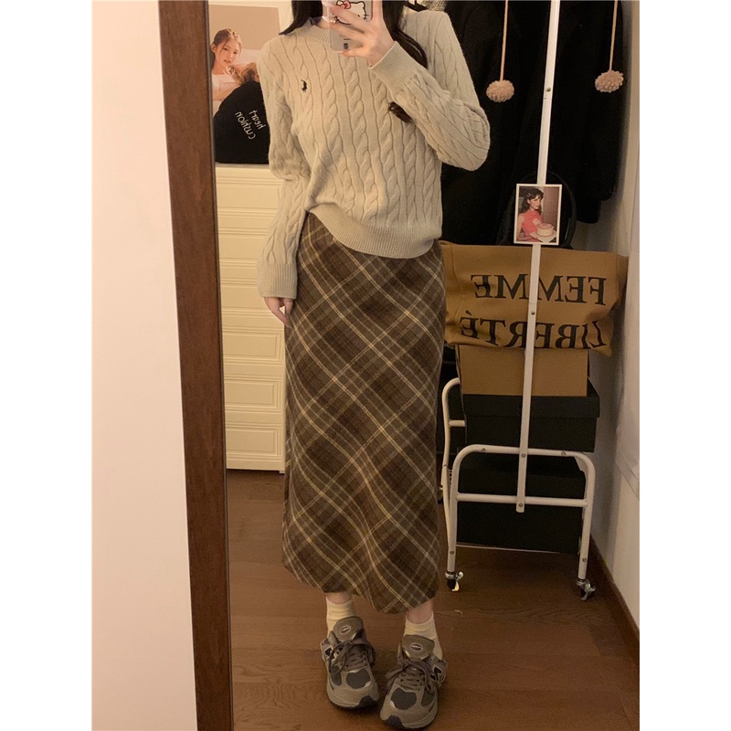 Suxi Vintage Họa Tiết Kẻ Sọc Phong Cách Hàn Quốc Thu Đông Đa Năng Cao Cấp Váy Chữ A Nữ