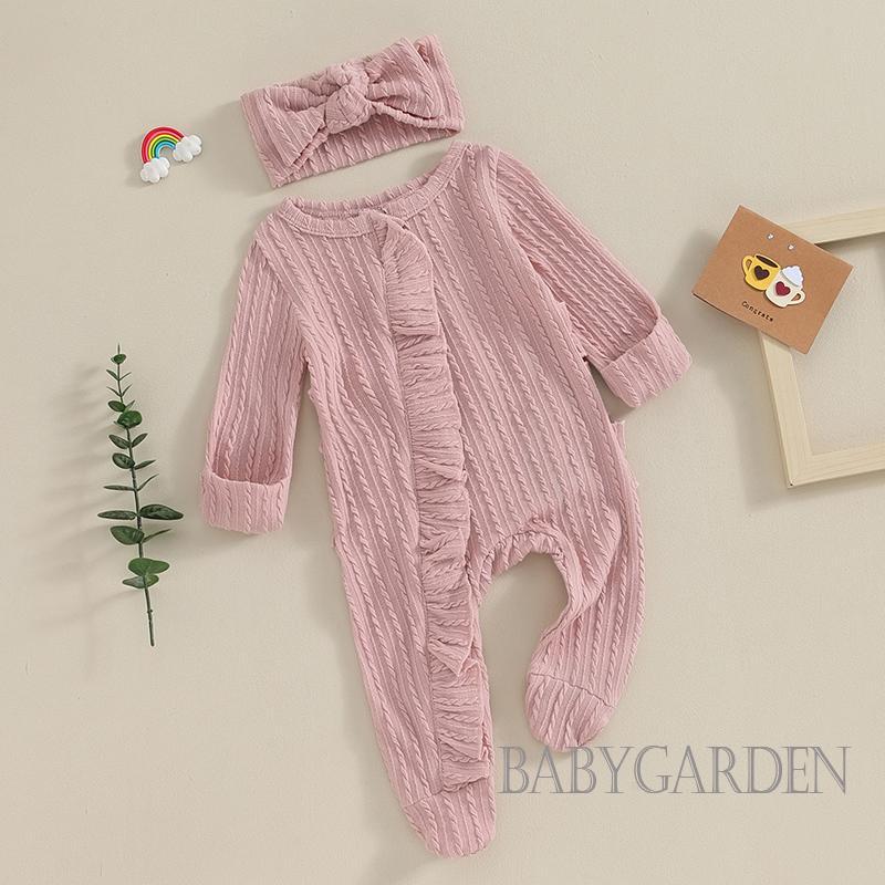 Bộ Áo Liền Quần Tay Dài Cổ Thuyền Màu Trơn Kèm Băng Đô Cài Tóc Thời Trang Cho Bé Gái Sơ Sinh