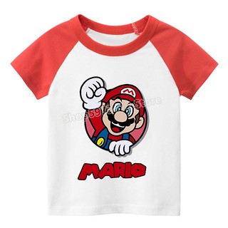 [Hàng Tại Chỗ] Áo Thun cotton Tay Ngắn In Hình Hoạt Hình super marios raglan Cho Bé Trai Và Bé Gái