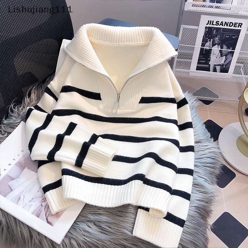 Áo Sweater Dệt Kim Tay Dài Dáng Rộng Kẻ Sọc Phối Khóa Kéo Thời Trang Thu Đông Cho Nữ