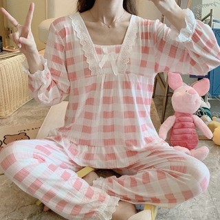 Bộ đồ mặc nhà dài tay co giãn mềm mại dành cho nữ, đồ ngủ nơ dễ thương