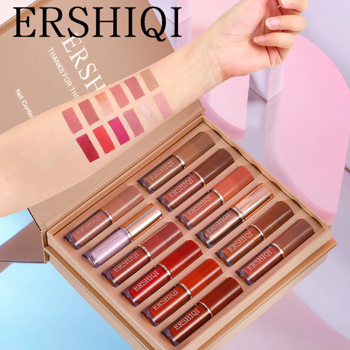 Bộ 12 cây son bóng ErshiQi Lâu Trôi, Mờ, Chống Nước, Set Son Bóng - Son Thỏi
