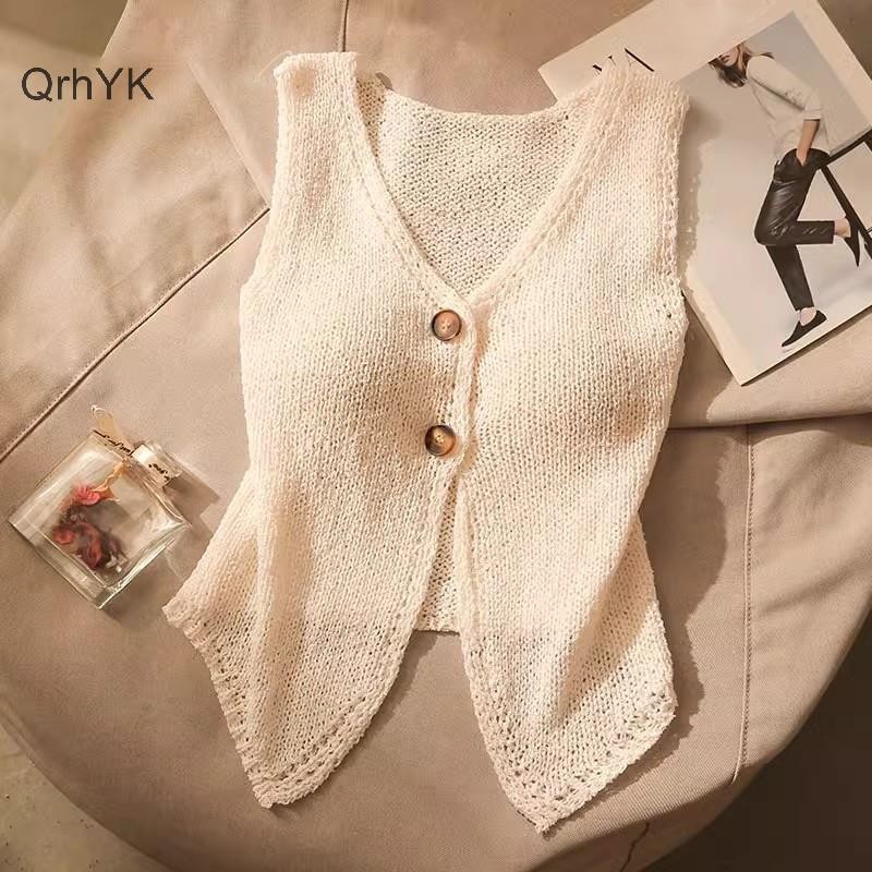 Nhà Máy Thời Trang Mùa Hè Nữ Thời Trang Màu Trơn Sang Trọng Nút Cổ Chữ V Không Tay Dệt Kim Camisole QrhYK
