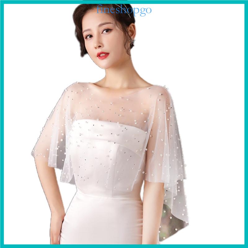 Khăn Choàng Vải Tuyn Xếp Ly Đính Hạt Ngọc Trai Màu Trắng Phong Cách Bolero Vintage Dành Cho Bạn Nữ Mặc Trong Tiệc Cưới