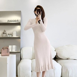 Xiaoxiang Đầm Dệt Kim Dài Qua Gối Tay Dài Xếp Nếp Thời Trang Thu Đông Tinh Tế sw