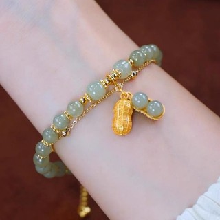 Vòng Tay Hạt Đậu Phộng Bằng Ngọc Bích Hai Lớp Phong Cách Trung Hoa Thời Trang Cho Nữ