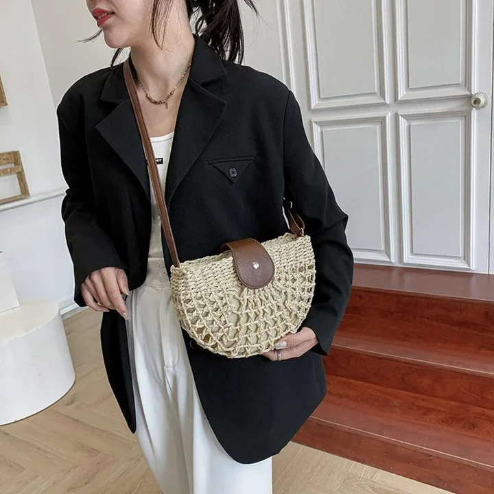 [COD] Túi rơm mùa hè DWELLINGCO, Túi xách bằng tay mây Túi cói hình bán nguyệt, Túi đi biển Túi Tote du lịch nữ Túi đeo vai rỗng – 4