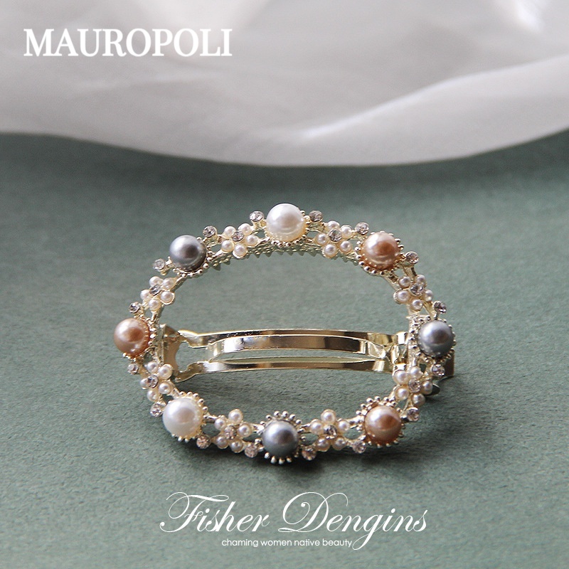Mauropoli Kẹp Tóc Sang Trọng Retro Hàn Quốc Hợp Kim Rỗng Kim Cương Giả Ngọc Trai Hình Bầu Dục Top Lò Xo Sau Mũ Đội Đầu