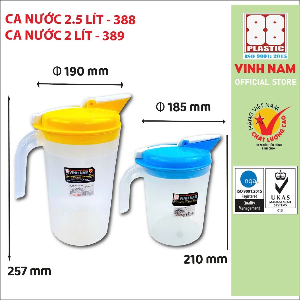 Ca Nhựa Có Nắp Cao Cấp Vinh Nam Plastic Nhựa Nguyên Sinh An Toàn Chắc Chắn Size 2L 2.5L Mã 388 389