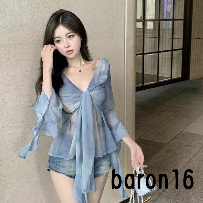 Risz Áo crop Top Tay Dài Cổ Chữ v Nhuộm Màu Thời Trang Phong Cách 90s