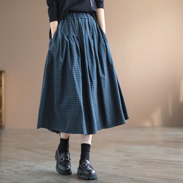 Plus Size Váy Nữ Mới Retro Túi Chữ A Co Giãn Eo Kẻ Sọc