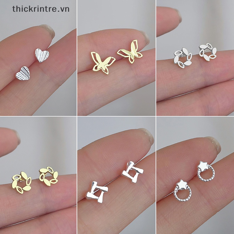 Bông Tai Bạc Tối Giản Nữ, Cặp Nhỏ Hình Anh Đào & Trái Tim Tình Yêu, Quà Tặng VN
