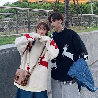 Áo sweater Cổ Tròn Dáng Rộng In Hình Tuần Lộc Giáng Sinh Thời Trang Thu Đông Cho Các Cặp Đôi