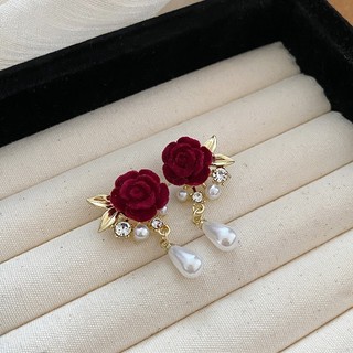 Khuyên Tai Cao Cấp Hình Hoa Hồng Nhung Đỏ Rượu Vang Đính Hạt Giả Ngọc Trai Phong Cách retro