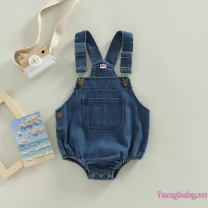 Bộ Áo Liền Quần Sát Nách Chất Liệu denim Màu Trơn Cài Khuy Có Túi Cho Bé