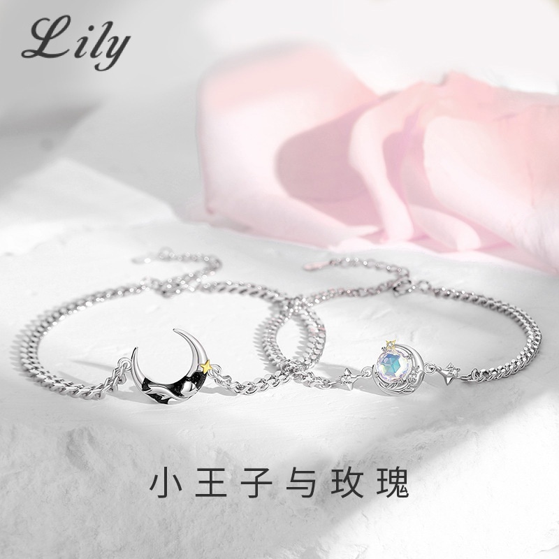 S925 Ngôi Sao Bạc Mặt Trăng Hoàng Tử Bé Và Hoa Hồng Đôi Vòng Tay Thời Trang Đơn Giản