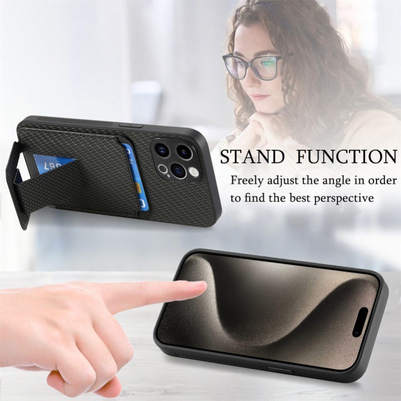 Ốp điện thoại ví da bằng sợi Carbon cho IPhone 16 15 14 13 12 11 Pro Max XSMAX Plus Giá đỡ gấp có nắp đựng thẻ