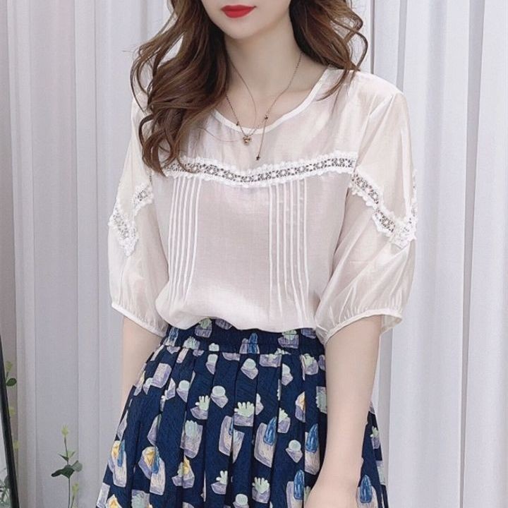 Mùa Hè 2025 Thời Trang Nữ Cao Cấp Rời Và Mỏng Retro Ren Nối Nửa Tay Áo Sơ Mi Voan