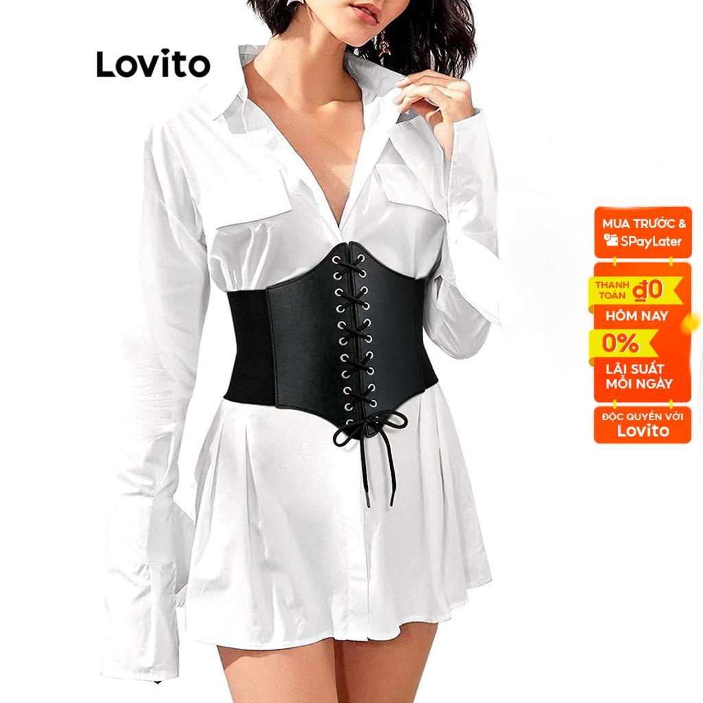 Áo corset Lovito màu trơn phối dây rút cột dây qua khoen định hình cơ thể phong cách thường ngày L18X348 Màu cà phê/đen spe