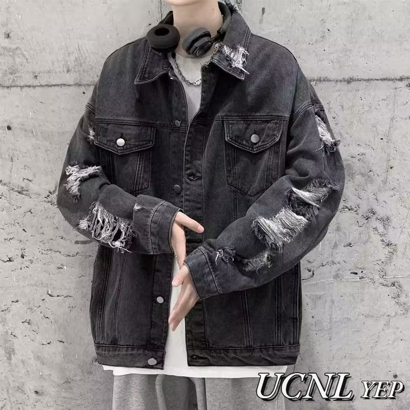 ThaliaWisp Áo Khoác Nam Thu Đông Mỹ Retro Cao Cấp Đường Phố Phá Hủy Phong Cách Niche Lỗ Thiết Kế Rời Áo Khoác Denim Thường Ngày