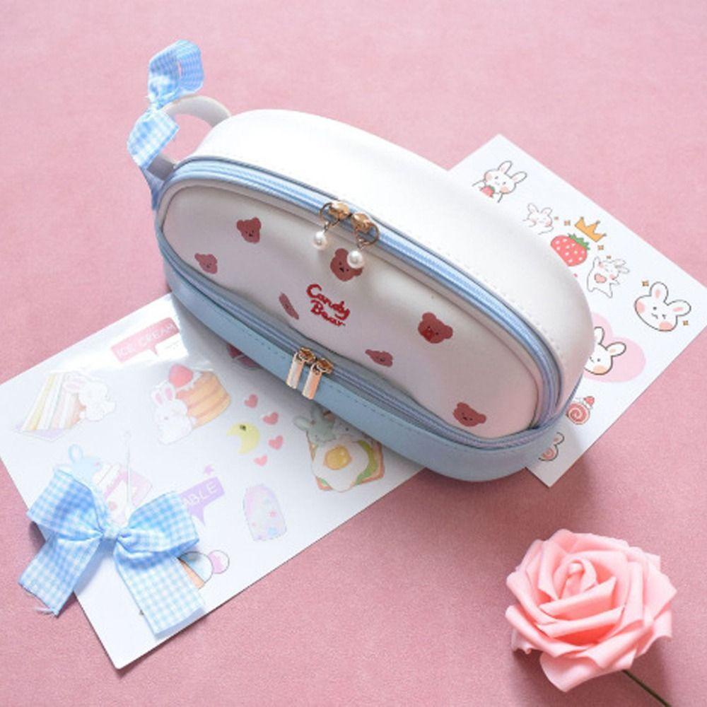 Bút chì HIGHVIEWLS, Túi bút chì dễ thương Smile Cherry Strawberry, Văn phòng phẩm di động Gấu da PU hai lớp Túi đựng bút cô gái