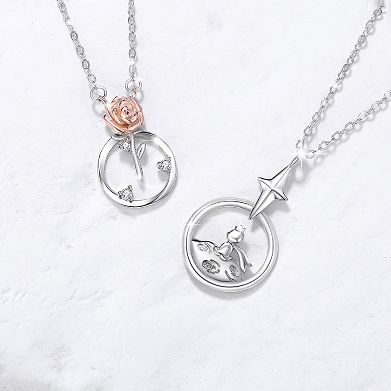 S925 Bạc Hoàng Tử Nhỏ Và Hoa Hồng Cặp Đôi Vòng Cổ Màu Sắc Tách Hoa Nam Nữ Mặt Dây Chuyền Quà Tặng Ngày Lễ Tình Nhân