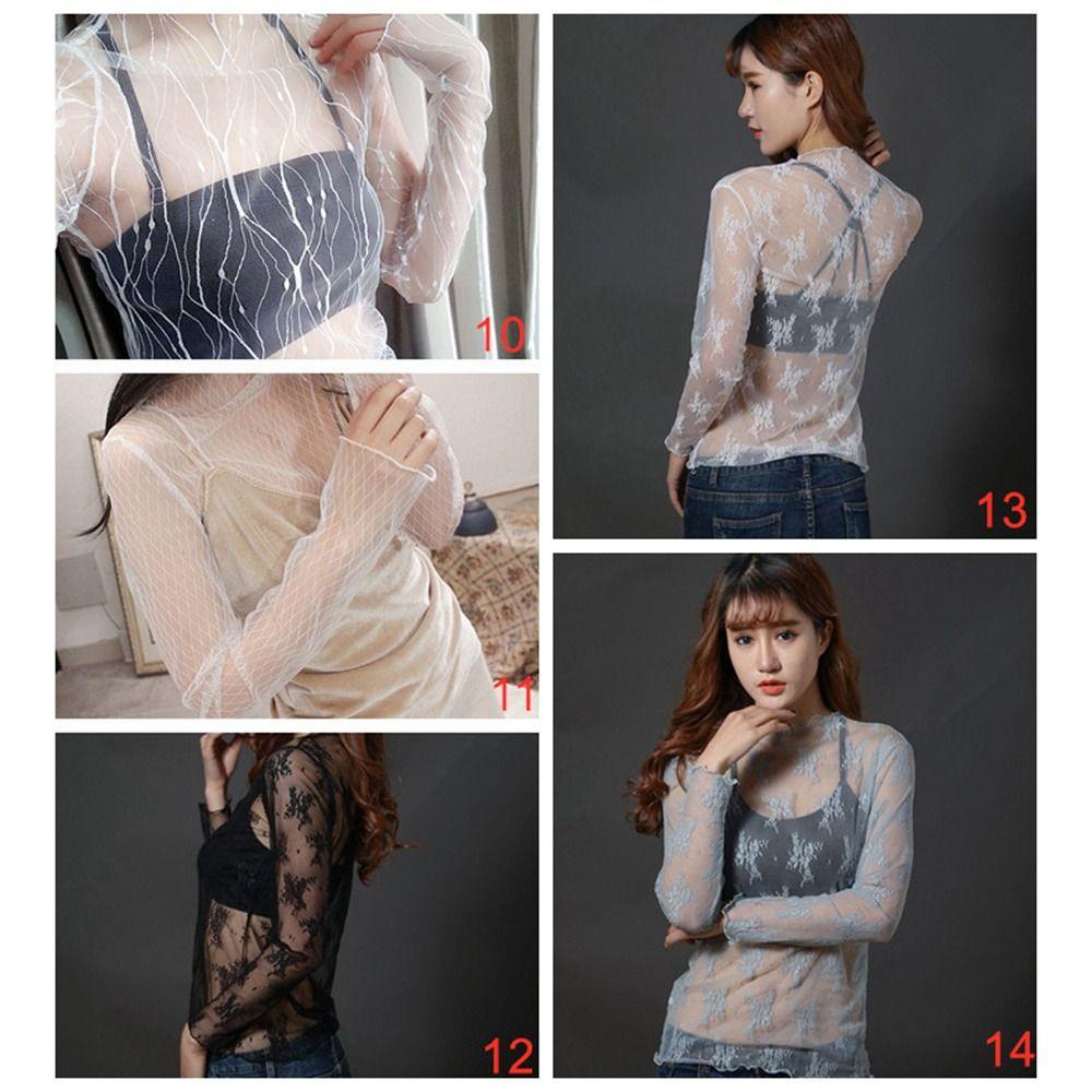 Áo ren WEETW, Áo lưới dài tay xuyên thấu, Lưới thời trang Fishnet Hoa cổ cao trong suốt Áo thun nữ bé gái