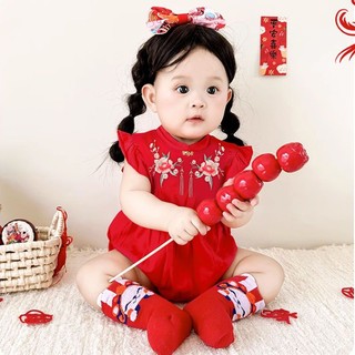 Áo Liền Quần Màu Đỏ Phong Cách Trung Hoa Mừng Năm Mới Cho Bé Gái