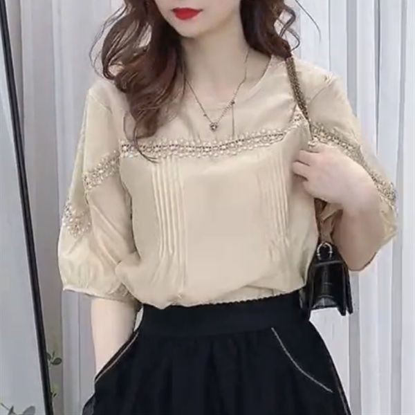 Mùa Hè 2025 Thời Trang Nữ Cao Cấp Rời Và Mỏng Retro Ren Nối Nửa Tay Áo Sơ Mi Voan