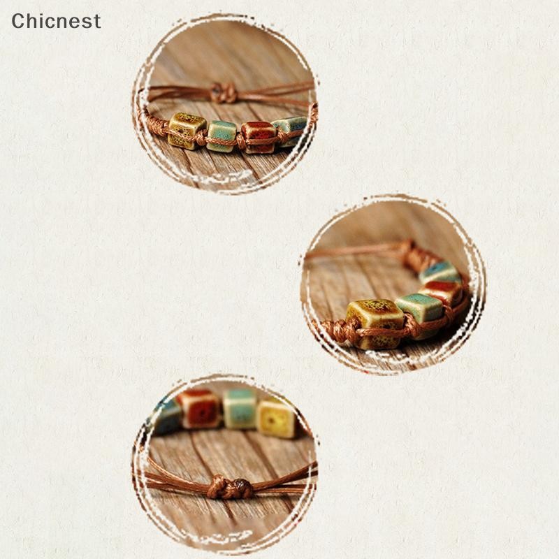 [Chc] Vòng tay thời trang đính cườm gốm thời trang phong cách dân tộc thông thường dành cho nữ Vòng tay có thể điều chỉnh Hạt gốm thủ công Vòng tay dây sáp [VN]