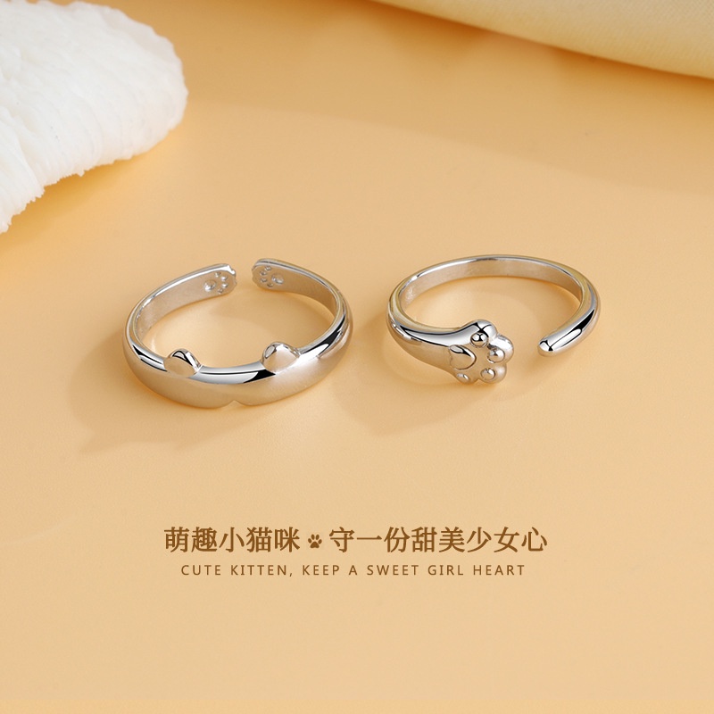 Nhẫn Hở Mạ Bạc 925 Hình Chân Mèo Đơn Giản Dễ Thương Có Thể Điều Chỉnh Cho Cặp Đôi