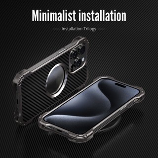 [R-JUST] Aluminium Metal Carbon Fiber Magnetic Case For iPhone 15 14 Plus 13 12 Pro Max with Camera Lens Protection Phone Cover Slim Bumper