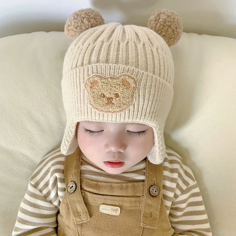 Mũ beanie Dệt Kim Màu Trơn Giữ Ấm Tai Gấu Hoạt Hình Dễ Thương Phong Cách Hàn Quốc Cho Bé Trai / Bé Gái
