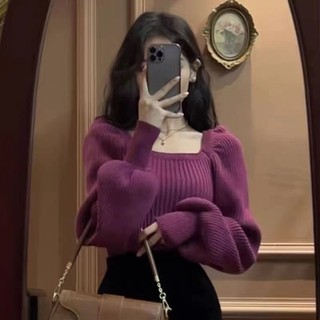 Áo sweater Dệt Kim Cổ Vuông Tay Phồng Thời Trang Cho Nữ