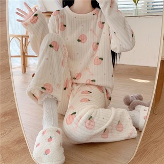 Bộ đồ ngủ màu đào dễ thương Bộ đồ ngủ nhung dày dặn và ấm áp Quần áo nữ mùa thu đông