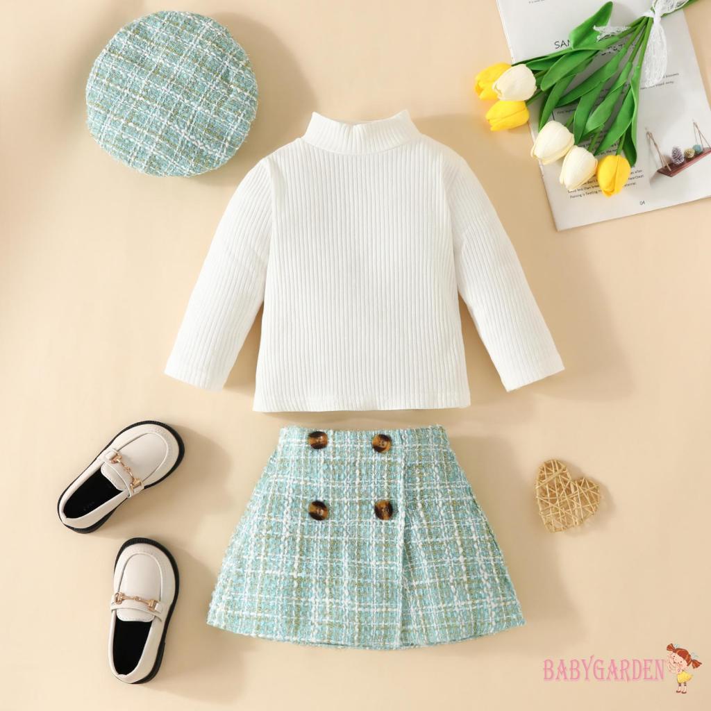 Baga-3 Bộ Trang Phục Mùa Thu Cho Bé Gái 6 Tháng-5 Tuổi Áo Dài Tay Sườn Màu Trơn + Váy Họa Tiết Tweed Kẻ Sọc + Mũ Nồi