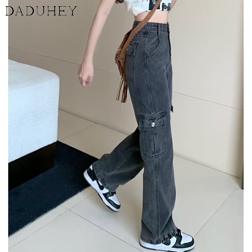 Ảnh DaDuHey New American Ins High Street Retro Multi-pocket Workwear Jeans Niche High Waist Wide Leg Pants Trousers 4